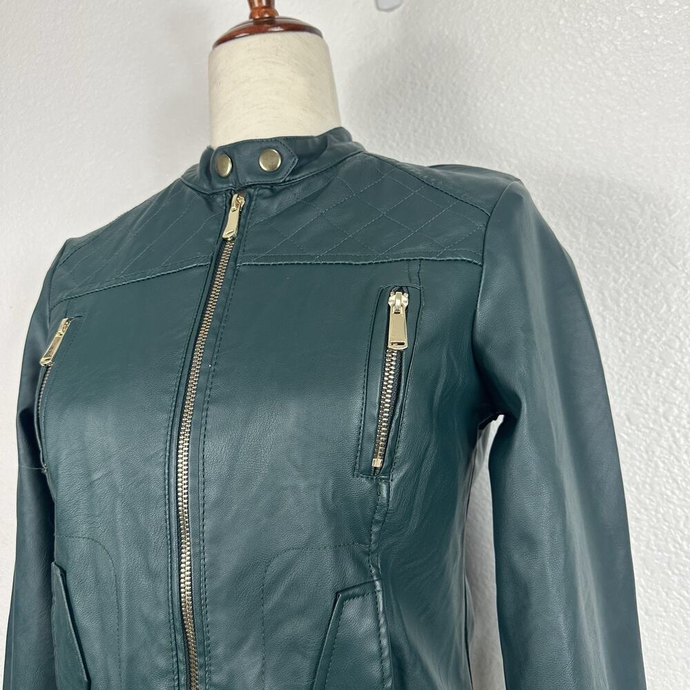 Vintage Y2K Jacket Delias Small Dark Green Faux Vegan Leather Moto Indie Grunge - Picture 7 of 13